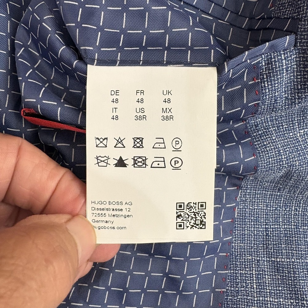 Hugo Boss Blazer Sport Coat Mens 38R Blue Check Wool Cotton Linen Tweed Marlane - Picture 10 of 16